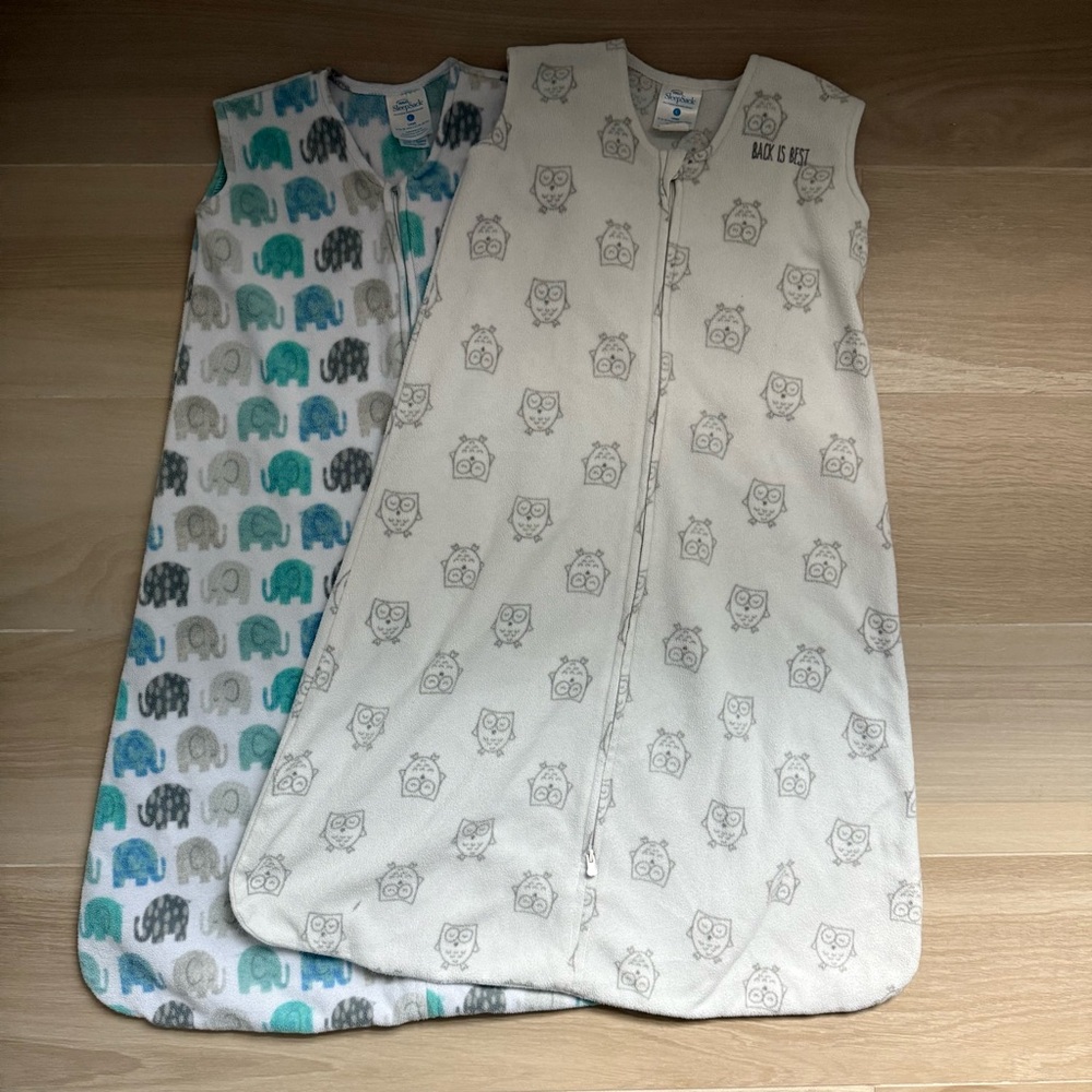 Halo Sleepsack elephant (one-way zip), owl (two-way zip) lg (12-18m, 22-28lbs)